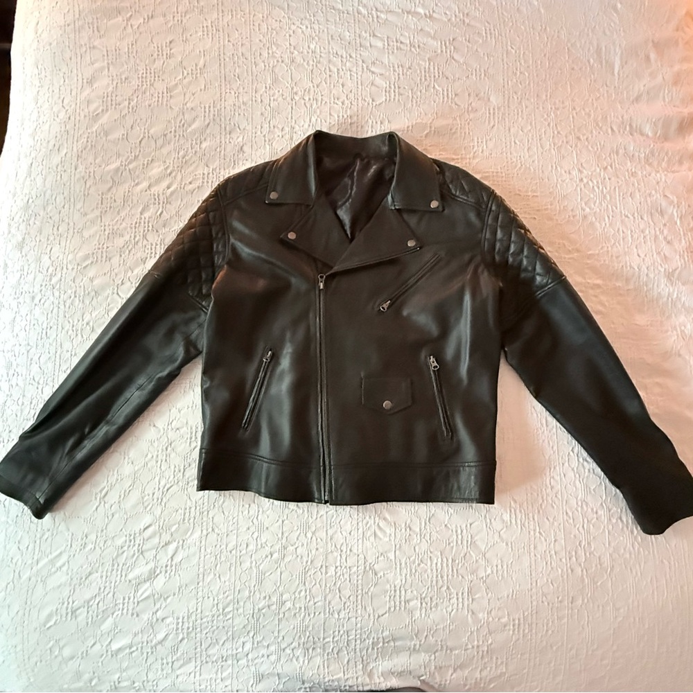 Men's Black Leather Biker Jacket XL